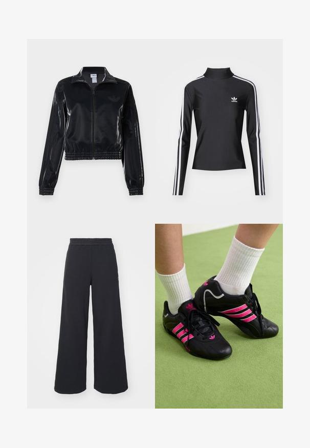 Fekete, fényes, cipzáras sportdzseki elasztikus mandzsettával és aljjal, a mára árnyalatú háromcsíkozás a ujjakon és egy tónusbeli logó a mellkason.; Fekete, hosszú ujjú felső, magas gallérral, sima anyagból készült. Fehér oldalsávokkal és egy kis fehér logóval a mellen.; Fekete, bő szárú melegítőnadrág, puha anyagból készült, rugalmas derékkal és egy kis logóval a bal oldalon.; Fekete sportcipők három rózsaszín csíkkal, texturált bőrfelsővel, fekete cipőfűzőkkel és logó részlettel, fehér bordás zoknikkal párosítva zöld felületen.