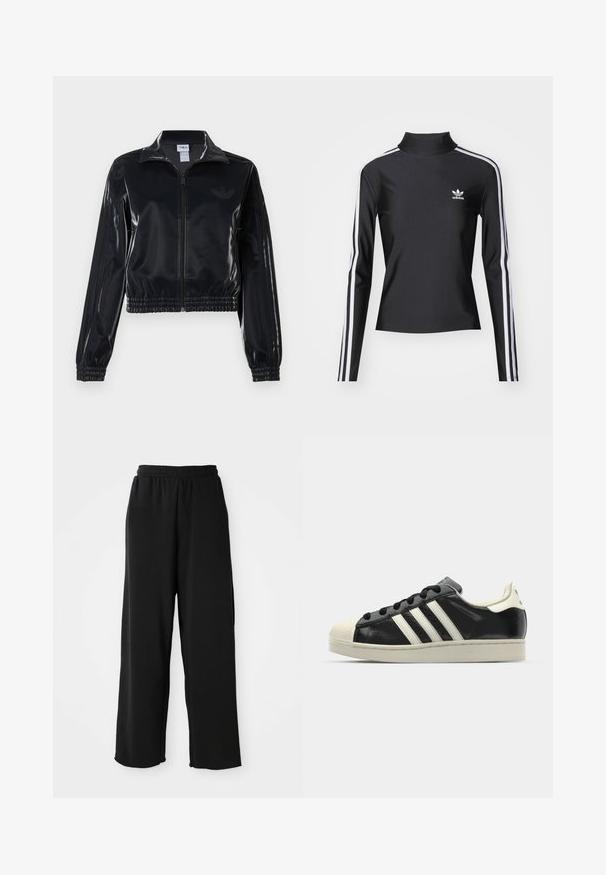 Juodas blizgus zip-up sportinis švarkas su elastinėmis rankovėmis ir apatine dalimi, su subtiliais trimis juostomis ant rankovių ir toniniu logotipu krūtinėje.; Juodas ilgomis rankovėmis viršus su aukštu apykakle, pagamintas iš lygaus audinio. Rodo baltas šonines juosteles ir mažą baltą logotipą krūtinėje.; Juodos plačios kelnės, pagamintos iš minkštos medžiagos, su elastinga juosmens juosta ir be matomų kišenių. Lygus paviršius ir laisvas siluetas.; Juodi odiniai sportiniai bateliai su baltais dryžiais, guminis toe kapas, juodi raišteliai ir kreminis padas. Lygus pavirčius su blizgiu finišu.