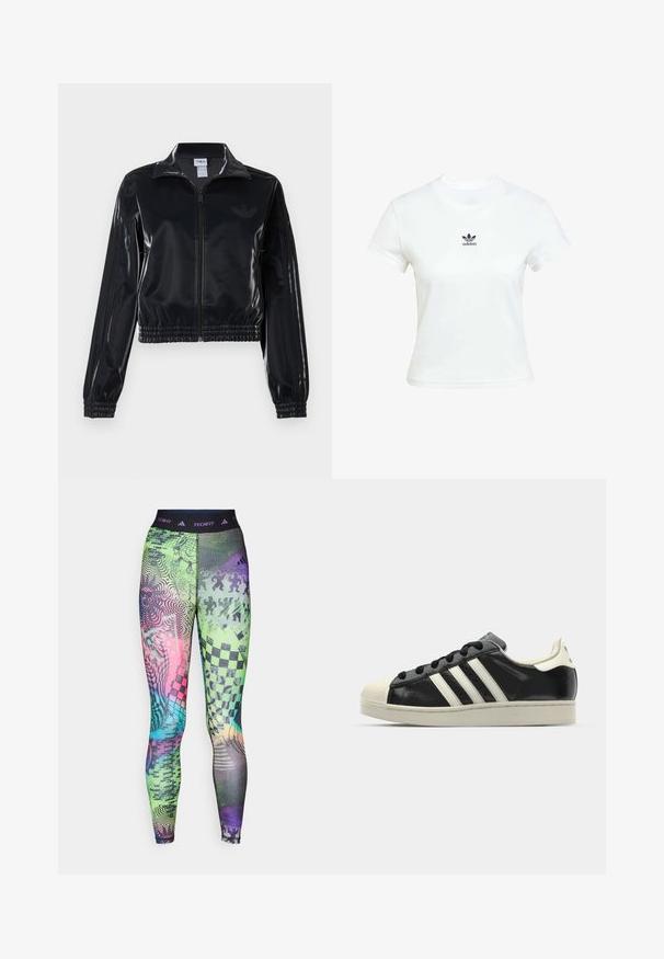Svart, blänkande zip-up träningsjacka med elastiska ärmslut och nederkant, med diskret tre-rands detalj på ärmarna och en tonad logotyp på bröstet.; Vit bomullströja med korta ärmar och rundad halsringning. Har en svart Adidas-logga tryckt på bröstet. Enkel, minimal design.; Färgglada leggings med ett urval av mönster i grönt, rosa och blått med ett svart midjeband märkt "TECHFIT" och olika grafiska motiv.; Svart lädersneaker med vita ränder, gummitåhätta, svarta snören och en krämfärgad sula. Slät textur med blank yta.