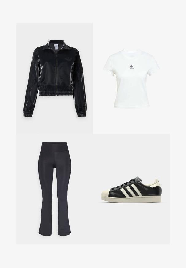 Čierna lesklá zipsová športová bunda s elastickými manžetami a spodným lemom, ktorá má jemné trojpruhové detaily na rukávoch a tonálny logotyp na hrudi.; Biela bavlnená tričko s krátkymi rukávmi a okrúhlym výstrihom. Na hrudi je vytlačené čierne logo Adidas. Jednoduchý, minimalistický dizajn.; Čierne rozšírené legíny vyrobené z elastického materiálu, s vysokým pásom a hladkou, matnou textúrou. Žiadne viditeľné vzory ani akcenty.; Čierne kožené tenisky s bielymi pruhmi, gumenou špičkou, čiernymi šnúrkami a krémovobielou podrážkou. Hladký povrch s lesklým finišom.