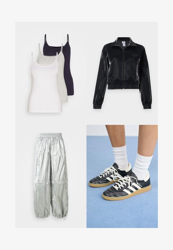 Črna sijajna zip-up trenirka z elastičnimi manšetami in robom, z diskretnimi tridelnimi detajli na rokavih in toniranim logotipom na prsih.; Tri tank topi v beli, sivi in temno mornarski barvi. Narejene so iz mehkega bombaža, z zelo tankimi naramnicami in prilegajočim dizajnom brez okraskov.; Svetlo sive lahke cargo hlače z sijočo teksturo, elastičnim pasom, nabranimi manšetami in dvema velikima sprednjima žepoma.; Črne usnjene superge z belimi črtami, okroglo konico, belimi vezalkami in gumijastim podplatom. Poudarjene z oblazinjenim ovratnikom in detajli blagovne znamke.