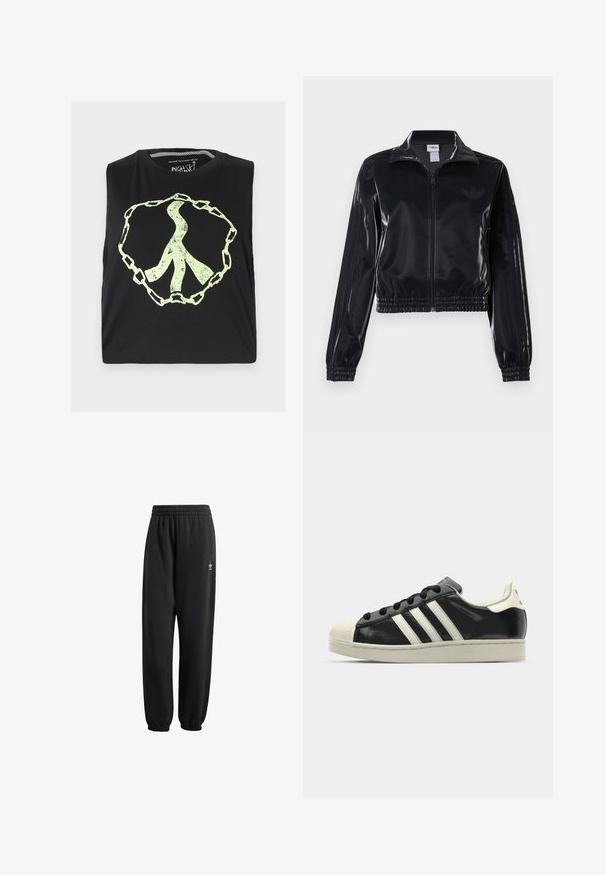 Musta kiiltävä vetoketjullinen urheilutakki, jossa on joustavat hihansuut ja helma, jossa on huomaamaton kolmitahoinen yksityiskohta hihoissa ja sävyttävä logo rinnassa.; Mustat hihattomat paidat, joissa on suuri, haalistunut vaaleanvihreä rauhan symboli, joka on kehystetty ketjumuotoon. Valmistettu pehmeästä puuvillakankaasta.; Mustat verkkarit, jotka on valmistettu pehmeästä, teksturoidusta kankaasta. Varusteena on joustava vyötärö, hihnat ja pieni valkoinen logo lantion lähellä.; Musta nahkasneakeri, jossa on valkoiset raidat, kuminen varvassuoja, mustat nauhat ja kermaisa ulkopohja. Suora pinta ja kiiltävä viimeistely.