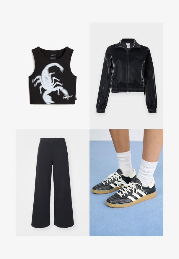 Schwarze, glänzende Trackjacke mit Reißverschluss und elastischen Bündchen und Saum, die dezente Drei-Streifen-Details an den Ärmeln und ein tonales Logo auf der Brust aufweist.; Schwarzes kurzes Tanktop aus Baumwolle, mit einem weißen Skorpion-Graphic und dem "Vans"-Logo in der unteren Ecke. Rundhalsausschnitt, keine Ärmel.; Schwarze weite Sweatpants aus weichem Material, mit einem elastischen Taillenbund und einem kleinen Logo auf der linken Seite.; Schwarze Ledersneaker mit weißen Streifen, runder Zehenpartie, weißen Schnürsenkeln und Gummisohle. Abgerundet durch gepolsterten Kragen und Branding-Details.