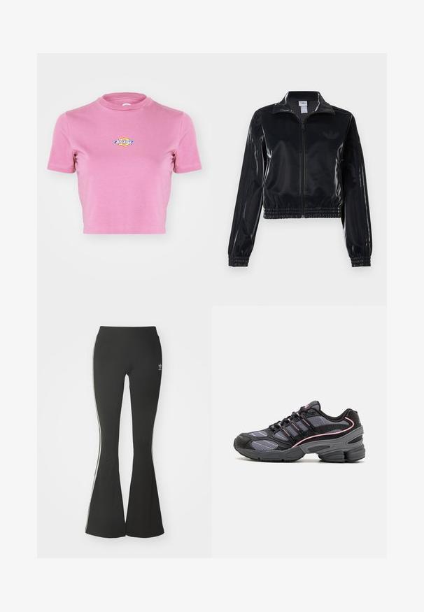 Chaqueta de chándal negra y brillante con cremallera, puños y dobladillo elásticos, que presenta un sutil detalle de tres rayas en las mangas y un logotipo tono sobre tono en el pecho.; Dickies MAPLE VALLEY - Camiseta estampada - mellow mauve; Leggings acampanados negros de tejido elástico, con una cintura alta y rayas laterales blancas. Incluye un pequeño logo en la cintura.; Zapatillas deportivas en negro y gris con paneles de malla, líneas de acento rosas y un diseño de suela gruesa. Cuentan con cordones y detalles de material texturizado.