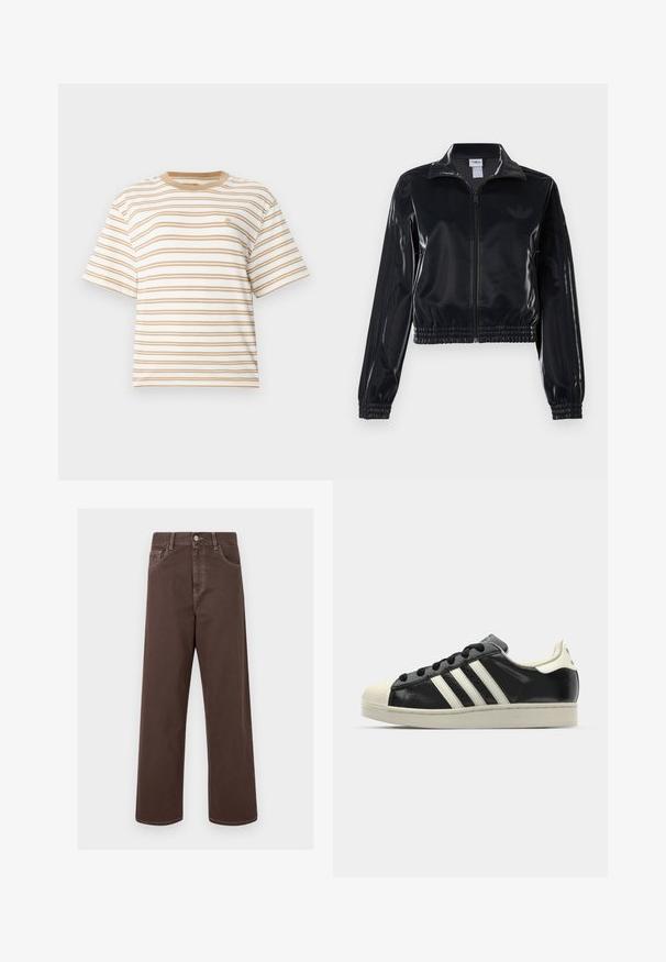 Melna spīdīga zip-up sporta jaka ar elastīgām piedurknēm un apakšmalu, ar smalku trīsrindu detaļu uz piedurknēm un tonālu logotipu uz krūšu daļas.; Īsām piedurknēm, apaļas izgriezuma T-krekls baltā krāsā ar horizontālām brūnganām svītrām. Uz krūtīm ir mazs logotips un tam ir brīvs piegriezums.; Brūnas platās denima bikses ar kontrastējošiem šuvēm, piecām kabatām un metāla pogu aizdari. Gluda tekstūra, taisna griezuma.; Melna ādas sporta apava ar baltām svītrām, gumijas purngala aizsardzību, melnām auklām un krēma krāsas zoli. Gluda tekstūra ar spīdīgu apdari.