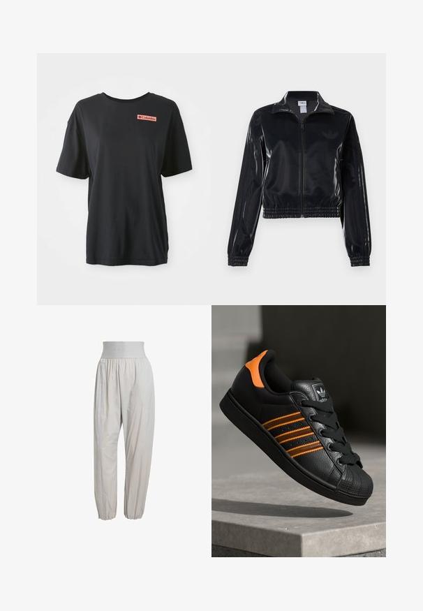 Čierna lesklá zipsová športová bunda s elastickými manžetami a spodným lemom, ktorá má jemné trojpruhové detaily na rukávoch a tonálny logotyp na hrudi.; Čierne bavlnené tričko s krátkymi rukávmi, voľný strih a červeným obdĺžnikovým logom na ľavej strane hrude. Hladká textúra a jednoduchý dizajn.; Svetlošedé, ľahké nohavice s elastickým pásom, zhrnutými manžetami a bočnými švami s jemnou textúrou pozdĺž dĺžky.; Čierne tenisky s oranžovými akcentami, tromi horizontálnymi pruhmi, textúrovaným koženým zvrškom, gumovým ochranným vankúšikom na prstoch a čiernymi šnúrkami.