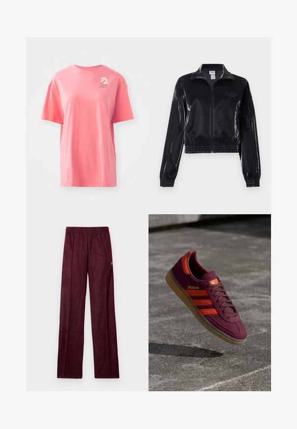 Melna spīdīga zip-up sporta jaka ar elastīgām piedurknēm un apakšmalu, ar smalku trīsrindu detaļu uz piedurknēm un tonālu logotipu uz krūšu daļas.; Īsām piedurknēm, korallrozā T-krekls, kas izgatavots no kokvilnas, ar apaļu kakla izgriezumu. Tam ir mazs balts logo augšējā kreisajā krūtīs.; Burgundijas sporta bikses, kas izgatavotas no struktūras auduma, ar elastīgu jostasvietu un sānu šuvēm taisnu kāju dizainam.; Maroonsāda sporta apavi ar oranžām svītrām un akcentiem, brūniem auklām un gumijas zoli. Iekļauts logo uz mēles.
