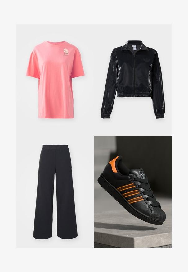 Zwarte glanzende zip-up trainingsjack met elastische mouwen en zoom, met subtiele drie-strepen details op de mouwen en een tonale logo op de borst.; Korte mouwen, koraalroze t-shirt van katoen met een ronde halslijn. Heeft een klein wit logo op het bovenste gedeelte van de linkerborst.; Zwarte wijde sweatpants gemaakt van zachte stof, met een elastische tailleband en een klein logo aan de linkerkant.; Zwarte sneaker met oranje accenten, drie horizontale strepen, bovenwerk van textuurlak, rubberen neuzen en zwarte veters.