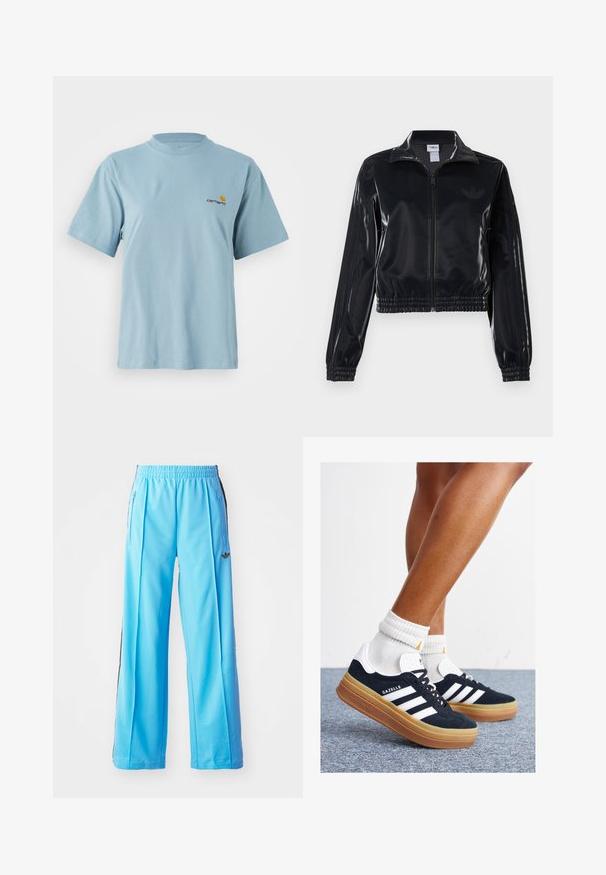 Casaco de treino preto brilhante com fecho éclair, punhos e barra elásticos, apresentando detalhes subtis de três riscas nas mangas e um logótipo tonal no peito.; T-shirt de algodão de manga curta azul claro com decote redondo e pequeno logótipo da Carhartt em amarelo e vermelho no lado esquerdo do peito.; Calças atléticas azul claro com uma cintura elástica, fechos laterais e detalhes pretos nas laterais. Tecido macio com um design solto e de perna larga.; Ténis de camurça preta com riscas e detalhes brancos, biqueira arredondada, sola em borracha cor de goma, combinados com meias brancas caneladas até à altura do tornozelo.