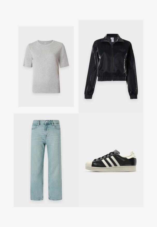Zwarte glanzende zip-up trainingsjack met elastische mouwen en zoom, met subtiele drie-strepen details op de mouwen en een tonale logo op de borst.; Grijze t-shirt met korte mouwen, gemaakt van zacht materiaal. Beschikt over een ronde hals en een relaxte pasvorm. Eenvoudig ontwerp zonder patronen of accenten.; Lichtblauwe wijde jeans van denim, met een klassieke vijf-pocketontwerp, strakke lijnen en een normale tailleband met een knoopsluiting.; Zwarte leren sneaker met witte strepen, rubberen teenbescherming, zwarte veters en een crèmekleurige loopzool. Glad oppervlak met een glanzende afwerking.