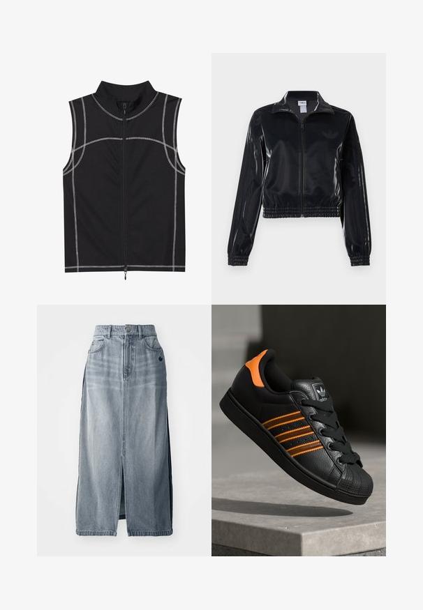 Musta kiiltävä vetoketjullinen urheilutakki, jossa on joustavat hihansuut ja helma, jossa on huomaamaton kolmitahoinen yksityiskohta hihoissa ja sävyttävä logo rinnassa.; Mustat hihattomat liivit, jotka on valmistettu sileästä kankaasta. Ne sisältävät hopeisia ompeleita ja edessä on vetoketjukiinnitys. Mallissa on korkea kaulus.; Vaaleansininen farkkuhame, jossa on etureikä, kaksi taskua ja logoyksityiskohta. Hameessa on korkea vyötärö ja suorainen malli, ja se on valmistettu kestävästä kankaasta.; Musta sneaker oransseilla yksityiskohdilla, kolme vaakasuuntaista raitaa, tekstuuri-nahkapinta, kuminen varvaskansi ja mustat nauhat.