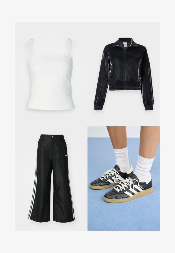 Schwarze, glänzende Trackjacke mit Reißverschluss und elastischen Bündchen und Saum, die dezente Drei-Streifen-Details an den Ärmeln und ein tonales Logo auf der Brust aufweist.; Weißes Leinen-Camisole mit verstellbaren Trägern, tailliertem Oberteil und leichtem Saum. Glatte Textur mit minimalistischer Gestaltung.; Schwarze, weit geschnittene Jeans mit drei weißen Streifen an jeder Seite und einem kleinen weißen Logo. Mit vorderen Taschen und einem Knopfverschluss.; Schwarze Ledersneaker mit weißen Streifen, runder Zehenpartie, weißen Schnürsenkeln und Gummisohle. Abgerundet durch gepolsterten Kragen und Branding-Details.