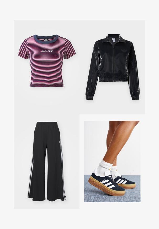 Svart, glinsende zip-up treningsjakke med elastiske mansjetter og nederkant, med subtile tre-stripes detaljer på ermene og en tonet logo på brystet.; Stripete kortermet t-skjorte i marineblå, rød og rosa. Har en ensfarget marineblå halslinning og brodert "SANTA CRUZ"-logo på forsiden.; Svart vide joggebukser med elastisk midjebånd, med hvite sidestriper og brodert logo på venstre lår.; Svarte sneakers i semsket skinn med hvite striper og detaljer, rund tå, yttersåle i gummigummi, kombinert med hvite ribbestrikkede crew-sokker.