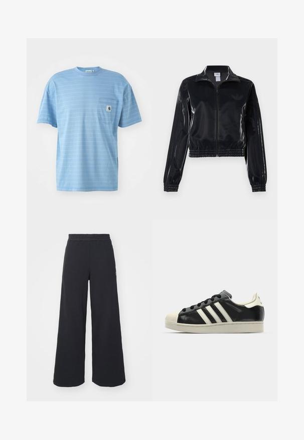 Juodas blizgus zip-up sportinis švarkas su elastinėmis rankovėmis ir apatine dalimi, su subtiliais trimis juostomis ant rankovių ir toniniu logotipu krūtinėje.; Šviesiai mėlynas trumpomis rankovėmis marškinėlis su horizontaliomis juostomis. Turi krūtinės kišenę su logotipo žyme. Pagamintas iš minkštos medvilnės medžiagos.; Juoda plačių kojų sportinė kelnė, pagaminta iš minkštos medžiagos, su elastinga juosmens juosta ir mažu logotipu kairėje pusėje.; Juodi odiniai sportiniai bateliai su baltais dryžiais, guminis toe kapas, juodi raišteliai ir kreminis padas. Lygus pavirčius su blizgiu finišu.