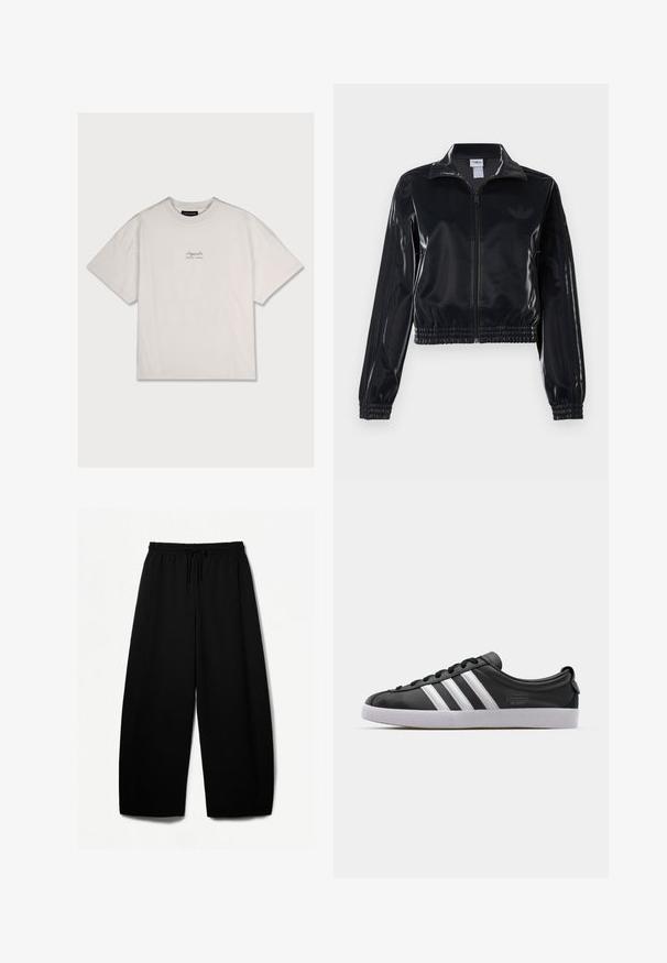 Črna sijajna zip-up trenirka z elastičnimi manšetami in robom, z diskretnimi tridelnimi detajli na rokavih in toniranim logotipom na prsih.; Bela bombažna majica s sproščenim krojem, kratkimi rokavi in majhnim blagovnim logotipom natisnjenim na zgornjem levem prsnem delu. Mehka tekstura, okrogla vrata.; Črne široke hlače z elastičnim pasom in vrvico. Mehak material z gladko teksturo. Ravno krojene z bočnimi šivi.; Črne usnjene športe z belim trakom s tremi črtami, zaobljenim nosom, ravnim belim gumijastim podplatom in blagovno znamko na strani.