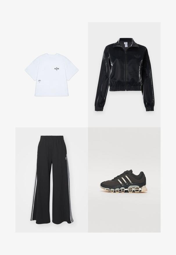 Melna spīdīga zip-up sporta jaka ar elastīgām piedurknēm un apakšmalu, ar smalku trīsrindu detaļu uz piedurknēm un tonālu logotipu uz krūšu daļas.; Baltas pārāk liels kokvilnas T-krekls ar īsām piedurknēm, apaļu kakla izgriezumu un melniem drukātiem tekstiem un grafiku priekšā un sānos.; Melnas plašas sporta bikses ar elastīgu jostasvietu, kurām ir baltas sānu svītras un izšūts logo kreisajā augšstilbā.; Melna sporta apavi ar teksturētu augšdaļu, trim sudraba svītrām un atšķirīgu amortizācijas zoli, kas sastāv no vairākiem integrētiem sekvencēm.