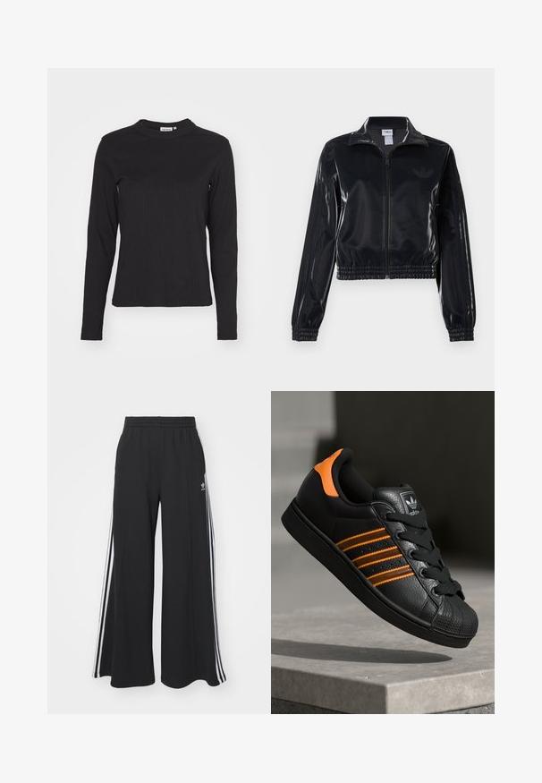 Casaco de treino preto brilhante com fecho éclair, punhos e barra elásticos, apresentando detalhes subtis de três riscas nas mangas e um logótipo tonal no peito.; Carhartt WIP SERENA - Camisola de manga comprida - black; Calças de suor largas e pretas com uma cintura elástica, apresentando riscas brancas nas laterais e um logótipo bordado na coxa esquerda.; Sapatilha preta com detalhes laranja, três riscas horizontais, parte superior em couro texturizado, bico de borracha e atacadores pretos.