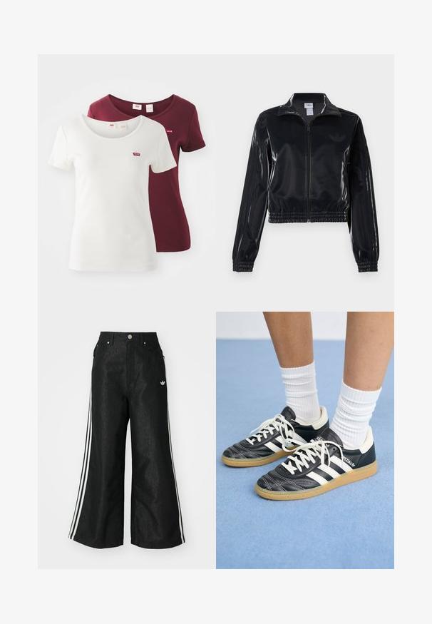 Jachetă sport neagră, lucioasă, cu fermoar, cu manșete și tiv elastic, având detalii subtile cu trei dungi pe mâneci și un logo tonal pe piept.; Două tricouri cu mânecă scurtă: unul alb cu decolteu rotund și un logo roșu Levi's, iar celălalt bordeaux cu un design similar și plasarea logo-ului echivalentă.; Pantaloni din denim negri, cu croi evazat, având trei dungi albastre pe fiecare parte și un mic logo alb. Dispune de buzunare frontale și închidere cu buton.; Adidași din piele neagră cu dungi albe, vârful rotund, șireturi albe și talpă din cauciuc natural. Accentuați de un guler căptușit și detalii de brand.