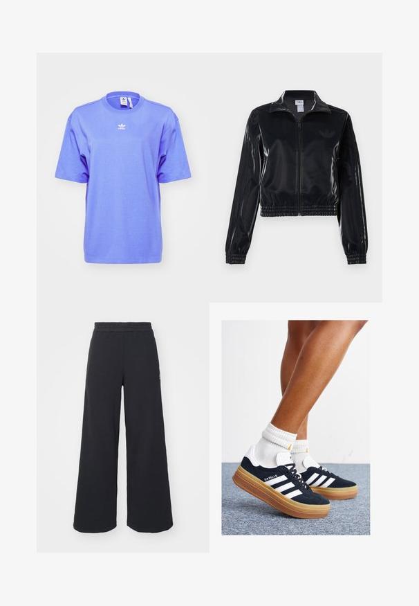 Černá lesklá sportovní bunda na zip s elastickými manžetami a lemem, s jemným trojpruhovým detailem na rukávech a tónovým logem na hrudi.; adidas Originals TEE - Jednoduché tričko - blue; Černé široké tepláky vyrobené z měkké tkaniny, s elastickým pasem a malým logem na levé straně.; Černé semišové tenisky s bílými pruhy a detaily, zaoblenou špičkou, podrážkou z gumy barvy žvýkačky, doplněné bílými žebrovanými ponožkami ke kotníkům.