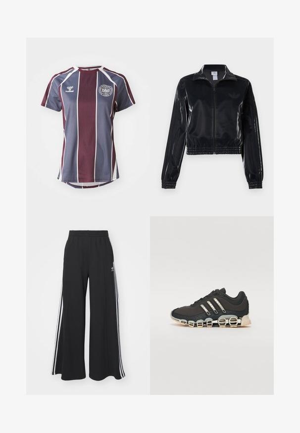 Must tume läikiv tõmblukuga spordijakk elastsete ääriste ja hemiga, millel on varrukatel peened kolmerealised detailid ja toon-on-tone logo rinnal.; Maroonsinised ja sinised triibulised spordisärk lühikeste varrukatega. Omab ümmargust kaela, valgeid aktsente ja ümmargust logo rinnal.; Mustad laiad trenni püksid elastse vöökohtaga, millel on valged küljeribad ja tikitud logo vasakul reiel.; Must have sportlik kingad musta värvi, millel on tekstuuriga pealisosa, kolm hõbedast triipu ja eristuv pehmendusnähtus, millel on mitmed integreeritud osad.