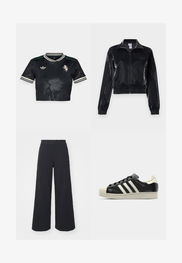 Zwarte glanzende zip-up trainingsjack met elastische mouwen en zoom, met subtiele drie-strepen details op de mouwen en een tonale logo op de borst.; Zwarte cropped jersey met bloemen reliëfdesign, drie strepen op de mouwen, geborduurd logo en contrasterende groene en witte kraag.; Zwarte wijde sweatpants gemaakt van zachte stof, met een elastische tailleband en een klein logo aan de linkerkant.; Zwarte leren sneaker met witte strepen, rubberen teenbescherming, zwarte veters en een crèmekleurige loopzool. Glad oppervlak met een glanzende afwerking.