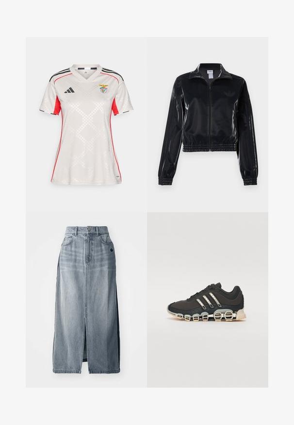 Musta kiiltävä vetoketjullinen urheilutakki, jossa on joustavat hihansuut ja helma, jossa on huomaamaton kolmitahoinen yksityiskohta hihoissa ja sävyttävä logo rinnassa.; Valkoinen Adidas-paita punaisilla yksityiskohdilla ja mustilla raidoilla. Ominaisuuksiin kuuluu V-kaula-aukko, teksturoitu timanttikuvio ja Benfica-embleemi rinnassa.; Vaaleansininen farkkuhame, jossa on etureikä, kaksi taskua ja logoyksityiskohta. Hameessa on korkea vyötärö ja suorainen malli, ja se on valmistettu kestävästä kankaasta.; Musta urheilujalkine, jossa on teksturoitu päällinen, kolme hopeista raitaa ja erottuva vaimennustuli, jonka rakenne koostuu useista integroituista osista.