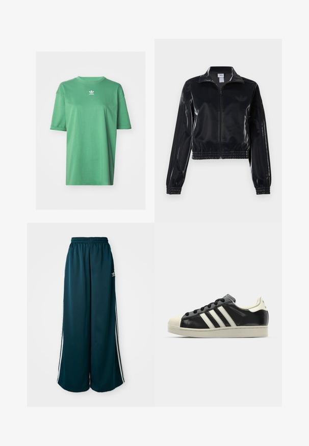Jachetă sport neagră, lucioasă, cu fermoar, cu manșete și tiv elastic, având detalii subtile cu trei dungi pe mâneci și un logo tonal pe piept.; adidas Originals TEE - Tricou basic - preloved green; Pantaloni de trening largi, de culoare teal, cu talie elastică, având trei dungi albe pe laterale și un logo Adidas pe partea stângă.; Sneaker din piele neagră cu dungi albe, vârf din cauciuc, șireturi negre și talpă de culoare crem. Textură netedă cu finisaj strălucitor.