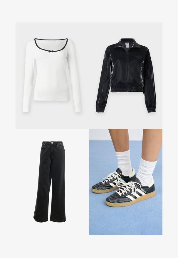 Zwarte glanzende zip-up trainingsjack met elastische mouwen en zoom, met subtiele drie-strepen details op de mouwen en een tonale logo op de borst.; Wit shirt met lange mouwen, vierkante hals, zwarte randafwerking en een klein zwart strikje in het midden. Geweven ribstof.; Hoge taille, wijde zwarte denim broek met een knoopsluiting, vijf zakken en een klein logo geborduurd op de voorkant. Gestructureerde stof.; Zwarte leren sneakers met witte strepen, ronde neus, witte veters en een gumrubberen zool. Versterkt met een gevoerd kraag en merkdetails.