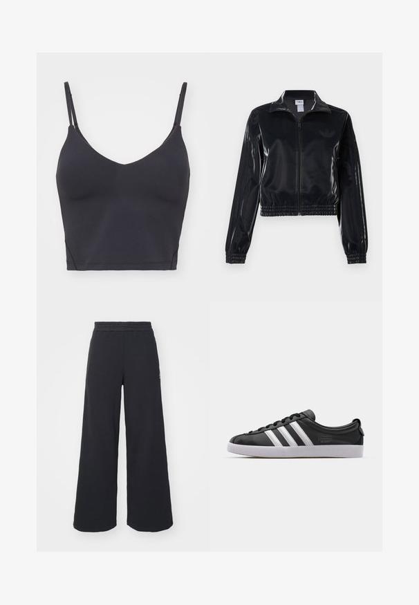 Melna spīdīga zip-up sporta jaka ar elastīgām piedurknēm un apakšmalu, ar smalku trīsrindu detaļu uz piedurknēm un tonālu logotipu uz krūšu daļas.; Melna bezšuvju bralette ar plānām regulējamām siksnām, V-veida kakla izgriezumu un pieguļošu dizainu. Mīksta, elastīga auduma, bez redzamām detaļām.; Melni platās svārku bikses, izgatavotas no mīksta auduma, ar elastīgu jostas daļu un mazu logotipu kreisajā pusē.; Melnas ādas sporta kurpes ar baltu trīs svītru dizainu, noapaļota purngala forma, plāns balts gumijas zole un zīmola detaļa sānos.