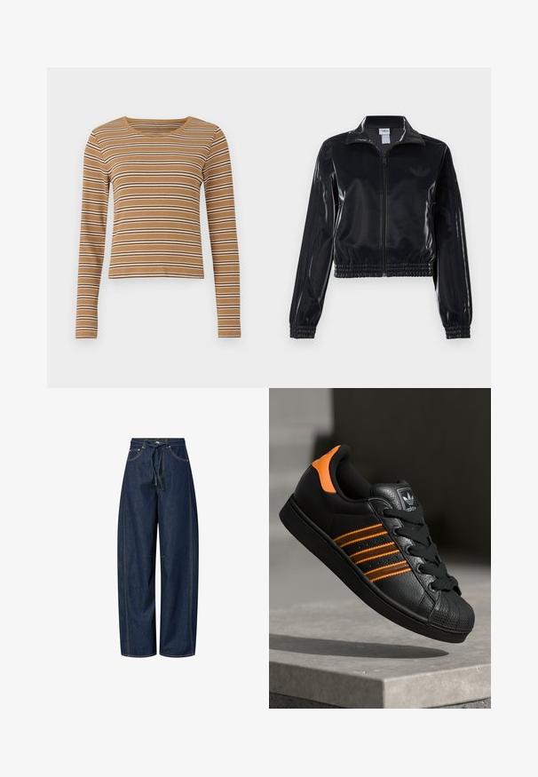 Czarna, błyszcząca kurtka sportowa na zamek błyskawiczny z elastycznymi mankietami i dołem, z subtelnym detalem w postaci trzech pasków na rękawach oraz stonowanym logo na klatce piersiowej.; Brązowa, długosleeve top z poziomymi białymi i ciemnobrązowymi paskami, prążkowaną fakturą i okrągłym dekoltem, z krótkim krojem.; Spodnie dżinsowe o szerokich nogawkach w ciemnoniebieskim kolorze, z elastycznym pasem i sznurkiem, kontrastowym przeszyciem oraz dwiema przednimi kieszeniami. Gładka faktura, luźny krój.; Czarne sneakersy z pomarańczowymi akcentami, trzema poziomymi paseczkami, skórzaną cholewką o teksturowanej powierzchni, gumowym noskiem i czarnymi sznurówkami.