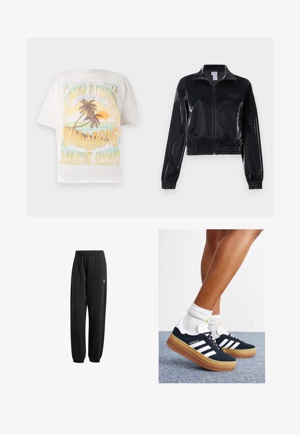 Čierna lesklá zipsová športová bunda s elastickými manžetami a spodným lemom, ktorá má jemné trojpruhové detaily na rukávoch a tonálny logotyp na hrudi.; Biela bavlnená tričko s farebnou grafickým potlačou, na ktorej sú palmy, slnko a text: "SUNKISSED IN PARADISE," "BILLABONG" a "SUMMERTIME SESSIONS."; Čierne tepláky vyrobené z mäkkej, textúrovanej tkaniny. Obsahujú elastický pás, manžety a malé biele logo blízko bedra.; Čierne semišové tenisky s bielymi pruhmi a detailmi, so zaoblenou špičkou, podrážkou z gumovej gumy, doplnené bielymi rebrovanými ponožkami.