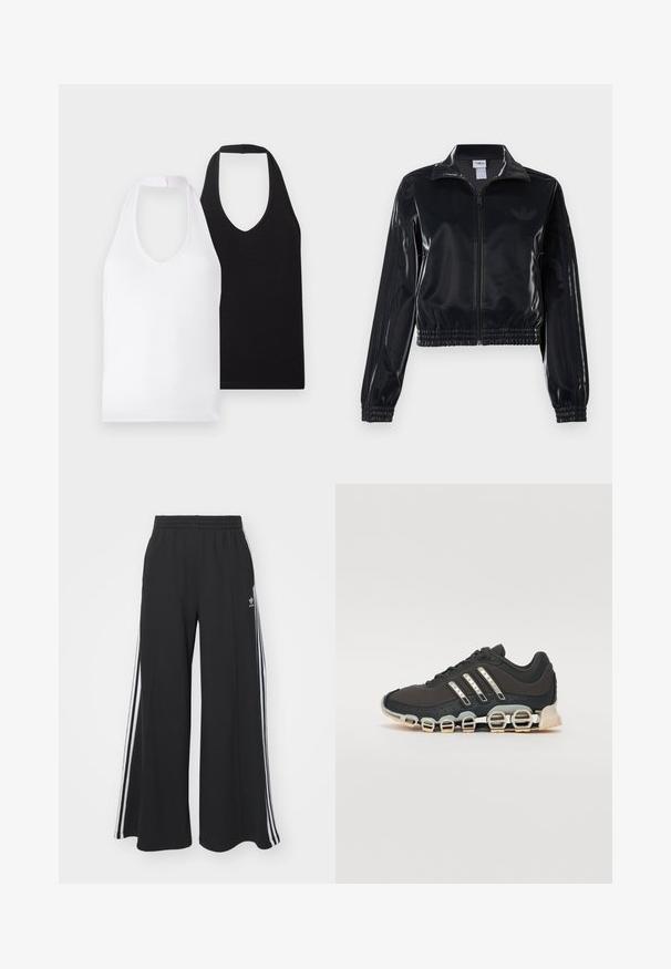 Črna sijajna zip-up trenirka z elastičnimi manšetami in robom, z diskretnimi tridelnimi detajli na rokavih in toniranim logotipom na prsih.; Dve brezrokavne majice s V-izrezom, ena bela in ena črna, narejene iz gladkega materiala s preprostim dizajnom in brez vidnih vzorcev ali okrasnih elementov.; Črne široke trenirke z elastičnim pasom, ki imajo bele stranske proge in vezeno logo na levi stegna.; Črne športne čevlje z teksturiranim zgornjim delom, tremi srebrnimi črtami in značilno blažilno podplatom, ki vključuje več integriranih delov.