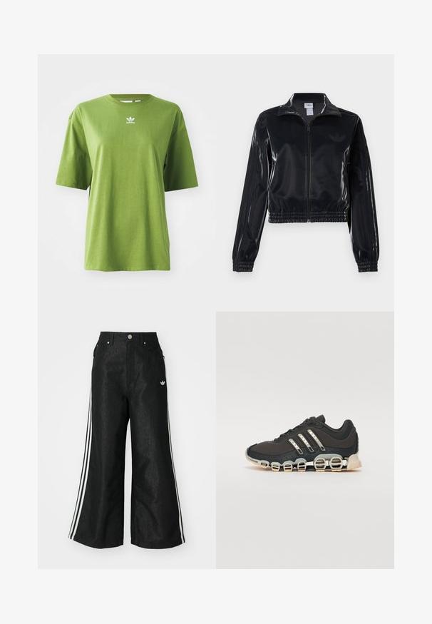 Sort, blank glans zip-jakke med elastiske manchetter og kant, der har diskrete tre-stribe detaljer på ærmerne og et tonalt logo på brystet.; Grøn bomuld t-shirt med korte ærmer, rund halsudskæring og hvidt Adidas-logo på brystet. Glat tekstur, afslappet pasform.; Sorte vide denim bukser med tre hvide striber på hver side og et lille hvidt logo. Indeholder forlommer og en knaplukning.; Sort træningssko med en tekstureret overdel, tre sølvstriber og en karakteristisk støttende sål med flere integrerede sektioner.