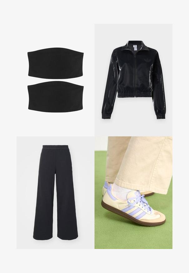 Giacca a piedi nera lucida con zip, dotata di polsini e orlo elastici, con discreti dettagli a tre strisce sulle maniche e un logo tonale sul petto.; Due fasce per la testa in tessuto nero con una superficie liscia e senza cuciture, dal design curvo, adatte per diversi stili di capelli e attività.; Pantaloni felpati neri a gamba larga realizzati in tessuto morbido, con un elastico in vita e un piccolo logo sul lato sinistro.; Sneakers crema e lavanda con tre strisce e suola marrone texturizzata, dotati di lacci e tallone imbottito. Parte superiore in tessuto morbido.