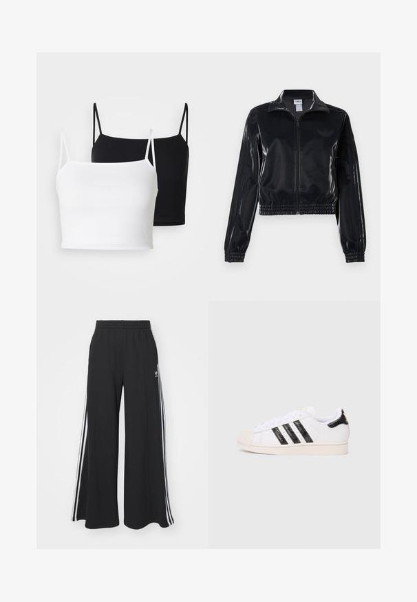 Casaco de treino preto brilhante com fecho éclair, punhos e barra elásticos, apresentando detalhes subtis de três riscas nas mangas e um logótipo tonal no peito.; Dois tops de alças canelados em branco e preto, com alças finas ajustáveis e um design cropped. Tecido suave com uma textura lisa.; Calças de suor largas e pretas com uma cintura elástica, apresentando riscas brancas nas laterais e um logótipo bordado na coxa esquerda.; Sapatilha branca com riscas e detalhes texturizados pretos; apresenta uma biqueira de borracha, atacadores planos e acolchoado à volta do tornozelo.