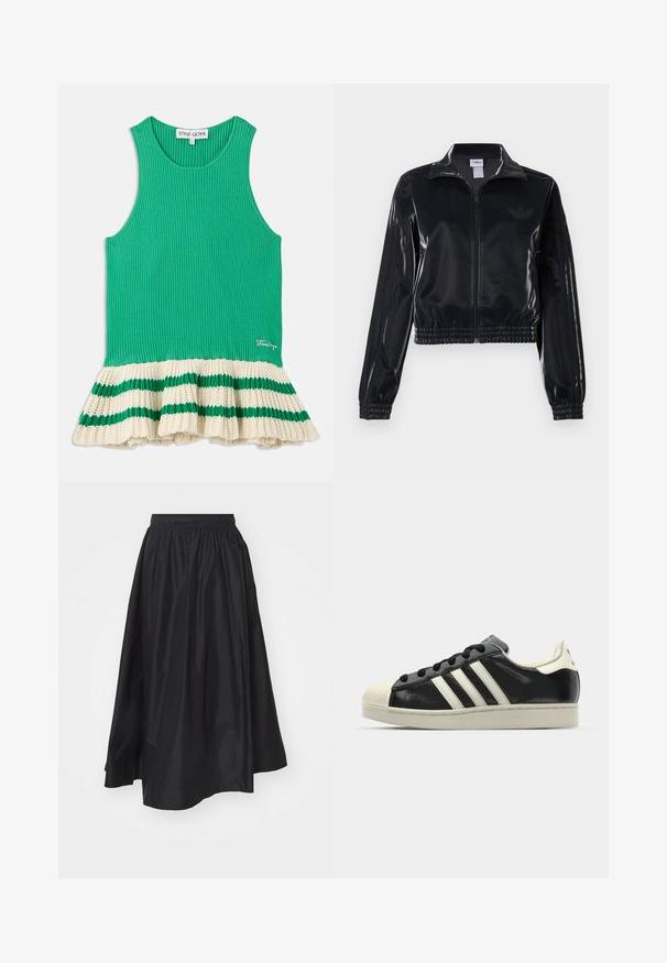 Black glossy zip-up track jacket with elastic cuffs and hem, featuring subtle three-stripe detailing on sleeves and a tonal logo on chest.; Green ribbed tank top with a flared cream knit hem featuring green stripes. Logo stitched on the front near the hem.; Black, knee-length skirt made from lightweight fabric, featuring an elastic waistband and a flared design for ease of movement.; Black leather sneaker with white stripes, rubber toe cap, black laces, and a cream-colored outsole. Smooth texture with shiny finish.