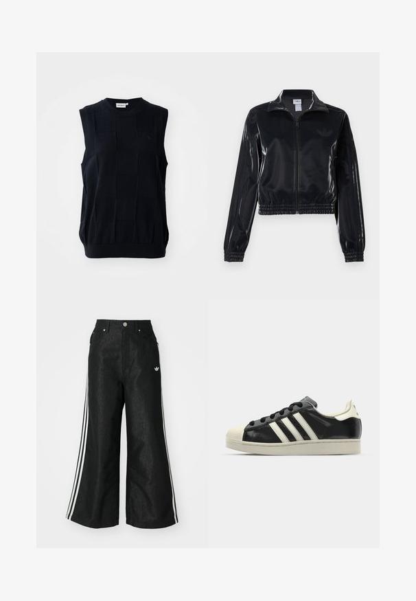 Black glossy zip-up track jacket with elastic cuffs and hem, featuring subtle three-stripe detailing on sleeves and a tonal logo on chest.; Sleeveless knit top in dark navy with a textured checkered pattern. Features a crew neckline and elastic hem. Made from flexible fabric.; Black wide-leg denim pants with three white stripe accents on each side and a small white logo. Features front pockets and a button closure.; Black leather sneaker with white stripes, rubber toe cap, black laces, and a cream-colored outsole. Smooth texture with shiny finish.