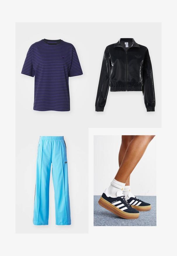 Melna spīdīga zip-up sporta jaka ar elastīgām piedurknēm un apakšmalu, ar smalku trīsrindu detaļu uz piedurknēm un tonālu logotipu uz krūšu daļas.; Carhartt WIP VERNER - Apdrukāts T-krekls - black/aura; Gaiši zili sporta bikses ar elastīgu jostasvietu, sānu rāvējslēdzējiem un melniem sānu akcentiem. Mīksts audums ar brīvu, plašu kāju dizainu.; Melnas zamšādas sporta kurpes ar baltām svītrām un akcentiem, apaļa purngala daļa, gumijas zole, kopā ar baltām ribotām sporta zeķēm.