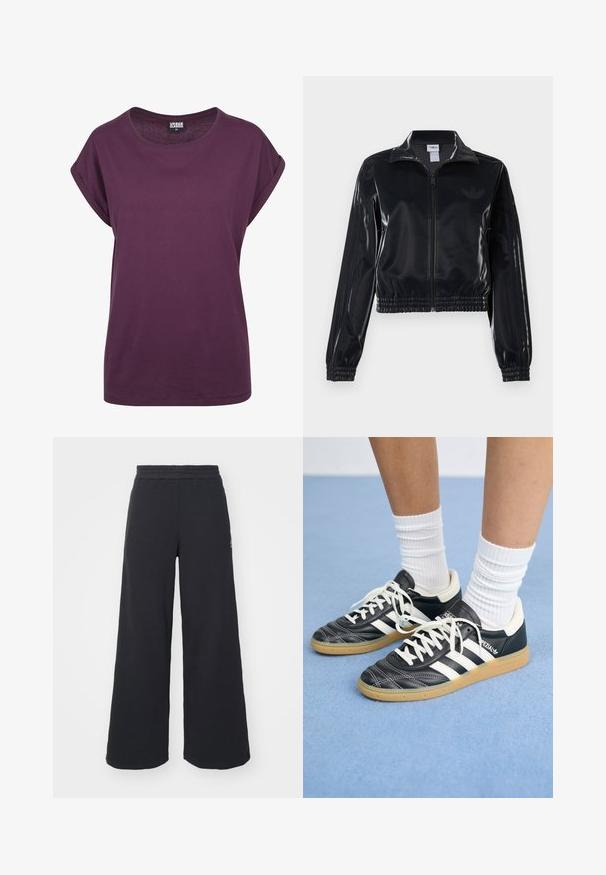 Jachetă sport neagră, lucioasă, cu fermoar, cu manșete și tiv elastic, având detalii subtile cu trei dungi pe mâneci și un logo tonal pe piept.; Tricou din bumbac violet, croială lejeră, decolteu rotund, mâneci scurte răsucite și tiv drept. Design minimalist, fără modele sau accente vizibile.; Pantaloni de trening negri, cu picioare largi, confecționați dintr-un material moale, având un talie elastică și un logo mic pe partea stângă.; Adidași din piele neagră cu dungi albe, vârful rotund, șireturi albe și talpă din cauciuc natural. Accentuați de un guler căptușit și detalii de brand.