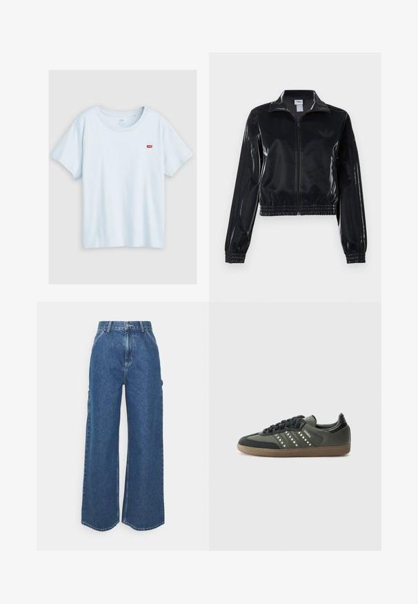 Melna spīdīga zip-up sporta jaka ar elastīgām piedurknēm un apakšmalu, ar smalku trīsrindu detaļu uz piedurknēm un tonālu logotipu uz krūšu daļas.; Levi's® Plus PERFECT TEE RAITA - Pamata T-krekls - skyway; Platleņķa zili džinsi ar augstu jostasvietu, kontrastējošām šuvēm un sānu kabatām, ar klasisku piecu kabatu dizainu un neapstrādātiem malām.; adidas Originals SAMBA OG - Sporta apavi - core black/legend earth/gum