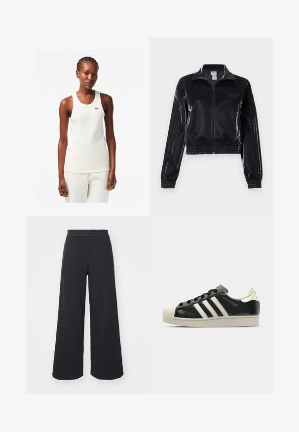 Schwarze, glänzende Trackjacke mit Reißverschluss und elastischen Bündchen und Saum, die dezente Drei-Streifen-Details an den Ärmeln und ein tonales Logo auf der Brust aufweist.; Weißes, geripptes Tanktop mit rundem Ausschnitt und grünem Lacoste-Logo auf der Brust, kombiniert mit passenden weißen Hosen.; Schwarze weite Sweatpants aus weichem Material, mit einem elastischen Taillenbund und einem kleinen Logo auf der linken Seite.; Schwarze Ledersneaker mit weißen Streifen, Gummikappe, schwarzen Schnürsenkeln und einer cremefarbenen Sohle. Glatte Textur mit glänzender Oberfläche.