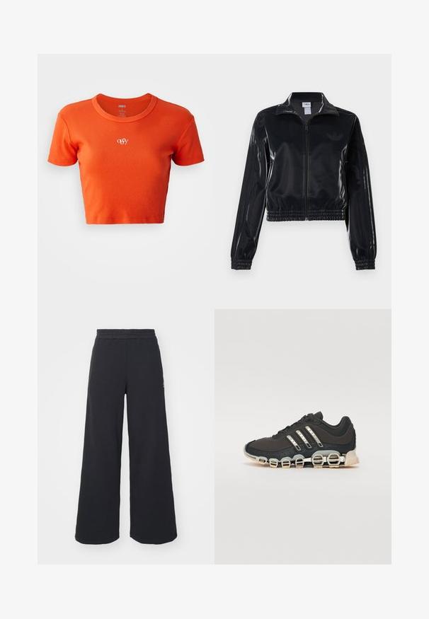 Fekete, fényes, cipzáras sportdzseki elasztikus mandzsettával és aljjal, a mára árnyalatú háromcsíkozás a ujjakon és egy tónusbeli logó a mellkason.; Narancssárga, rövidített fazonú póló bordázott anyagból, kerek nyakkivágással és apró fehér "obey" logóval hímzett mellrészen.; Fekete, bő szárú melegítőnadrág, puha anyagból készült, rugalmas derékkal és egy kis logóval a bal oldalon.; Fekete sportcipő texturált felsőrésszel, három ezüst csíkkal, és egy jellegzetes párnázott talppal, amely több integrált szakaszból áll.