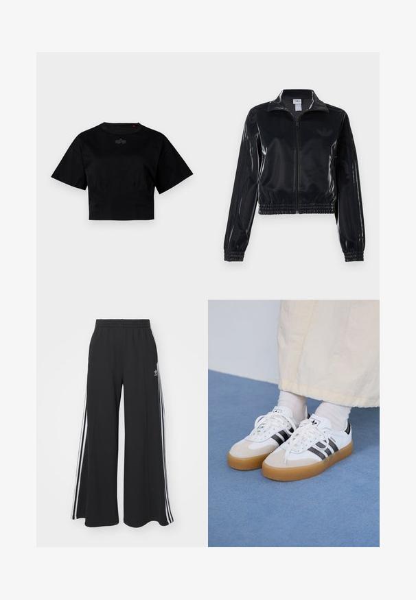 Fekete, fényes, cipzáras sportdzseki elasztikus mandzsettával és aljjal, a mára árnyalatú háromcsíkozás a ujjakon és egy tónusbeli logó a mellkason.; Fekete, rövid fazonú pamut póló. Rövidujjú, kerek nyakkivágása van. Diszkrét logó részlet található a mellkason.; Fekete, bő szárú melegítőnadrág, rugalmas derékkal, fehér oldalsávokkal és hímzett logóval a bal combon.; Fehér sportcipő fekete csíkokkal és bézs velúr részletekkel. Texturált gumi talppal és lapos fehér fűzőkkel rendelkezik, világos színű zoknival viselve.