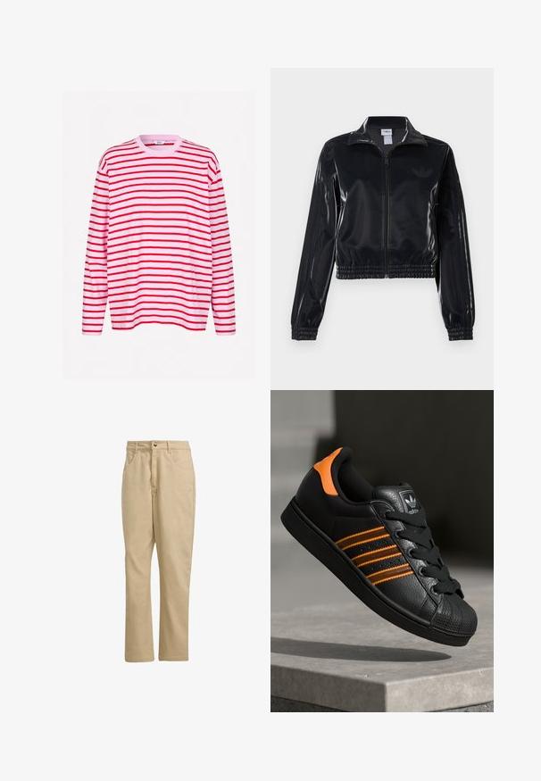 Czarna, błyszcząca kurtka sportowa na zamek błyskawiczny z elastycznymi mankietami i dołem, z subtelnym detalem w postaci trzech pasków na rękawach oraz stonowanym logo na klatce piersiowej.; Envii KULLA różowy; Khaki bawełniane spodnie o prostym kroju, z zapięciem na guzik z przodu, dwiema bocznymi kieszeniami i minimalistycznym logo z przodu.; Czarne sneakersy z pomarańczowymi akcentami, trzema poziomymi paseczkami, skórzaną cholewką o teksturowanej powierzchni, gumowym noskiem i czarnymi sznurówkami.