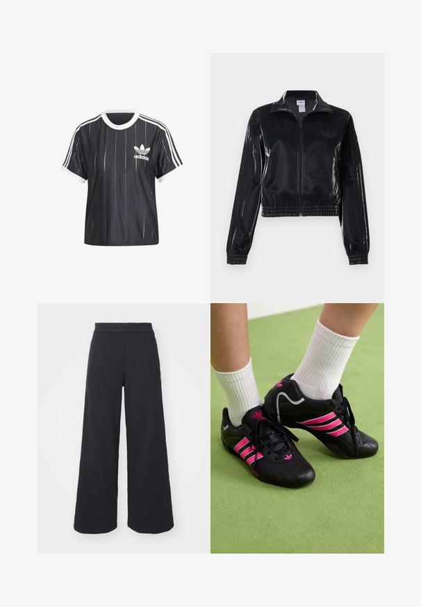 Melna spīdīga zip-up sporta jaka ar elastīgām piedurknēm un apakšmalu, ar smalku trīsrindu detaļu uz piedurknēm un tonālu logotipu uz krūšu daļas.; adidas Originals ADICOLOR 3-STRIPES PINSTRIPE - Apdrukāts T-krekls - black; Melni platās svārku bikses, izgatavotas no mīksta auduma, ar elastīgu jostas daļu un mazu logotipu kreisajā pusē.; Melnas sporta kurpes ar trim rozā svītrām, ar teksturētu ādas virsmu, melnām auklām un logotipa detaļu, kopā ar baltām ribotām zeķēm uz zaļas virsmas.