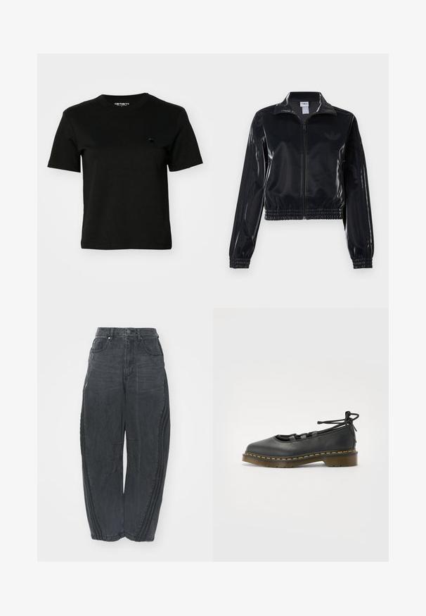 Zwarte glanzende zip-up trainingsjack met elastische mouwen en zoom, met subtiele drie-strepen details op de mouwen en een tonale logo op de borst.; Zwart T-shirt van katoen. Korte mouwen en een ronde hals. Heeft een klein, donker logo op de linkerborst. Eenvoudig, klassiek ontwerp.; Losse zwarte denim jeans met een vervaagde afwerking, vijf zakken, een taille met knoopsluiting en gestikte details aan de voorkant en zijkanten.; Zwarte leren schoen met een ronde neus, lage hak, vetersluiting en gele stiksels langs de zool. Soepele textuur met een matte afwerking.