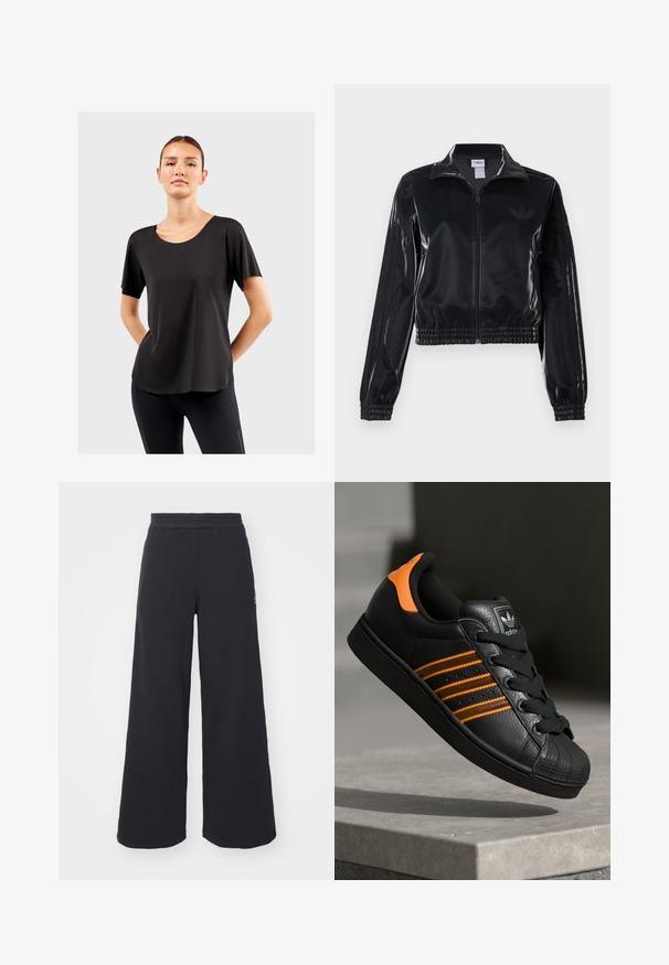Giacca a piedi nera lucida con zip, dotata di polsini e orlo elastici, con discreti dettagli a tre strisce sulle maniche e un logo tonale sul petto.; T-shirt nera a maniche corte con scollo rotondo, realizzata in tessuto morbido, caratterizzata da una vestibilità rilassata e un orlo curvo. Abbinata a leggings neri.; Pantaloni felpati neri a gamba larga realizzati in tessuto morbido, con un elastico in vita e un piccolo logo sul lato sinistro.; Sneaker nera con accenti arancioni, tre strisce orizzontali, parte superiore in pelle texture, punta in gomma e lacci neri.