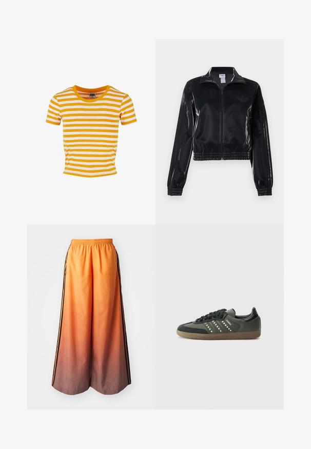Sort, blank glans zip-jakke med elastiske manchetter og kant, der har diskrete tre-stribe detaljer på ærmerne og et tonalt logo på brystet.; Gul og hvid stribet kortærmet t-shirt med rund hals og en tætsiddende pasform, lavet af et blødt, let materiale.; Orange gradient brede bukser med en sort sidestribe, der har en elastisk talje og letvægtsmateriale.; adidas Originals SAMBA OG - Sneakers - core black/legend earth/gum