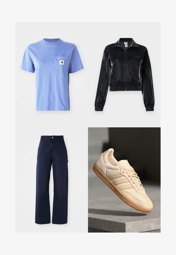 Črna sijajna zip-up trenirka z elastičnimi manšetami in robom, z diskretnimi tridelnimi detajli na rokavih in toniranim logotipom na prsih.; Svetlo modra majica iz bombaža z okroglo ovratnikom, kratkimi rokavi, žepom na prsih ter majhnim logotipom na žepu.; Mornarsko modri široki cargo hlače iz trdnega bombažnega blaga, z bočnimi žepi in gumbom za zapiranje na pasu.; Svetlo bež semišni športni copat z gumijastim podplatom, trije poševni trakovi in teksturiran zaščitni del. Vsebuje logotip na ježku in strani.