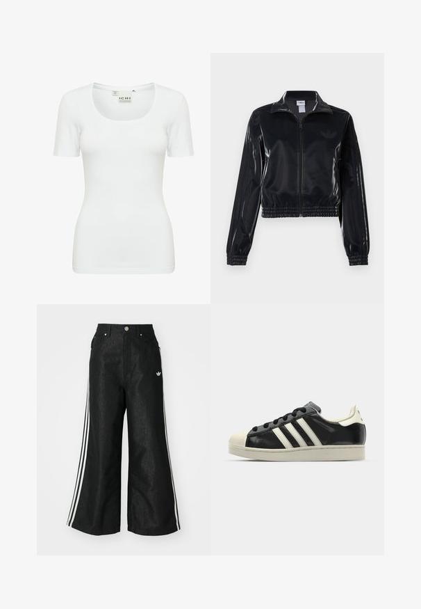 Čierna lesklá zipsová športová bunda s elastickými manžetami a spodným lemom, ktorá má jemné trojpruhové detaily na rukávoch a tonálny logotyp na hrudi.; Biele tričko s krátkym rukávom vyrobené z elastického materiálu so širším výstrihom a priliehavým strihom, s hladkou textúrou a bez viditeľných vzorov.; Čierne džínsy s širokým strihom, s tromi bielymi pruhmi po stranách a malým bielym logom. Obsahujú predné vrecká a zapínanie na gombík.; Čierne kožené tenisky s bielymi pruhmi, gumenou špičkou, čiernymi šnúrkami a krémovobielou podrážkou. Hladký povrch s lesklým finišom.
